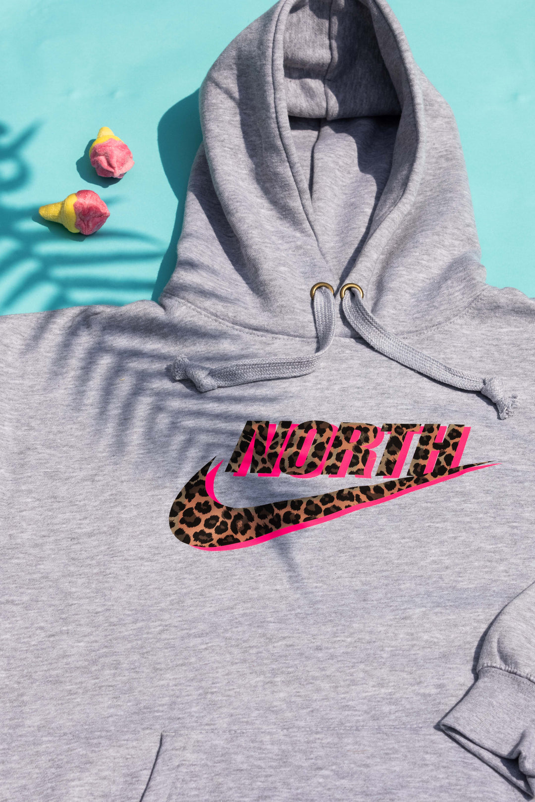 NORTH Grey Hoodie with Leopard Print and Neon Pink
