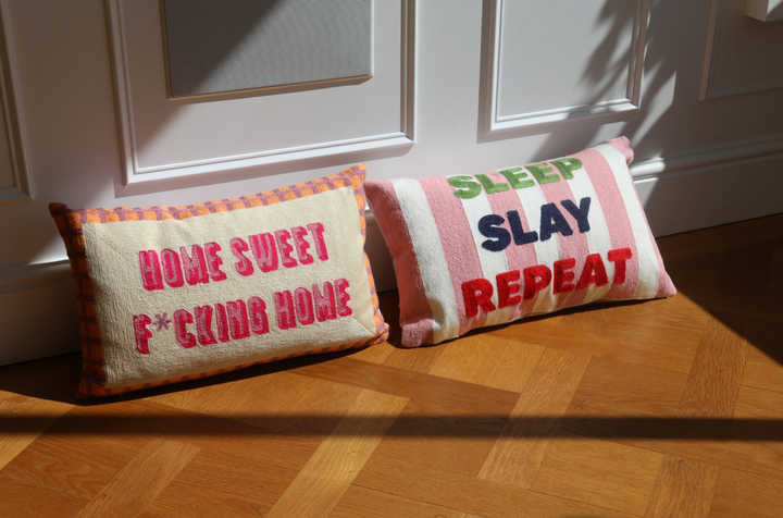 Motivational Needlepoint Pillow – Sleep Slay Repeat